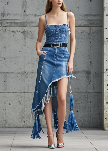 Blue Asymmetrical Tasseled Denim Skirts Fall