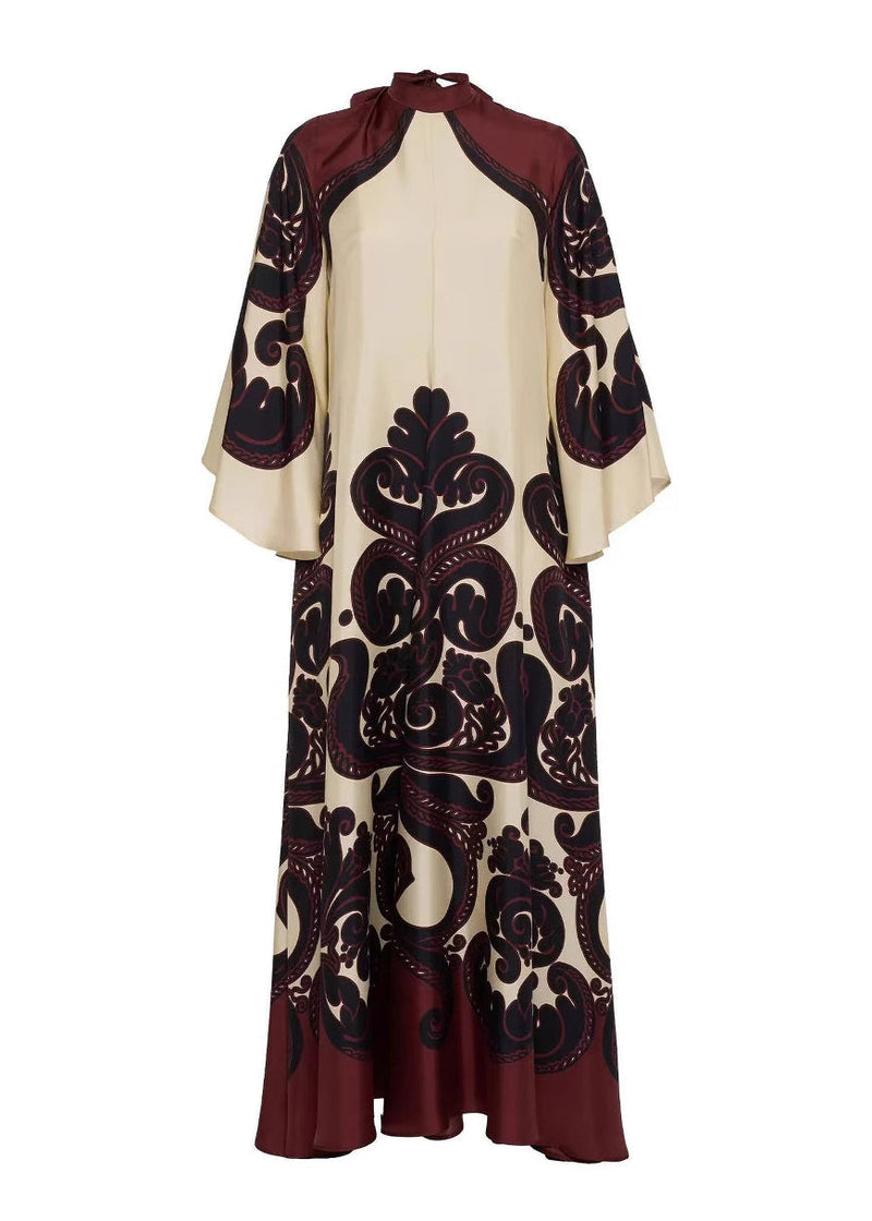 French V Neck Print Lace Up Cotton Long Dress Flare Sleeve