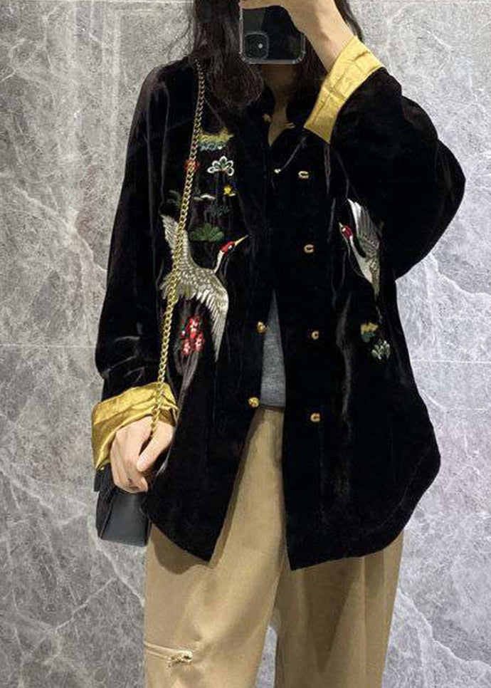 Black Mandarin Collar Embroideried Velour Coats Long Sleeve