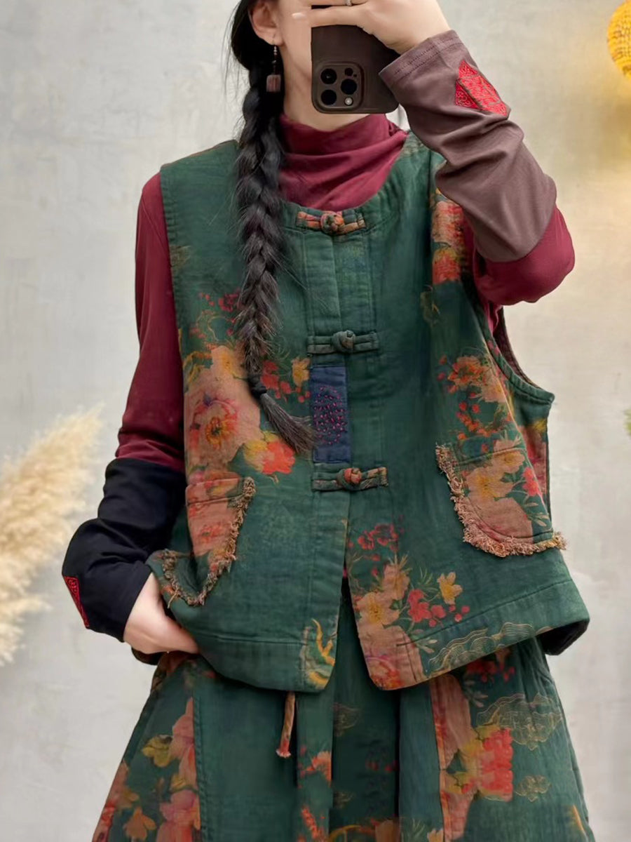 Flower Raw-edge O-neck Cotton Vest