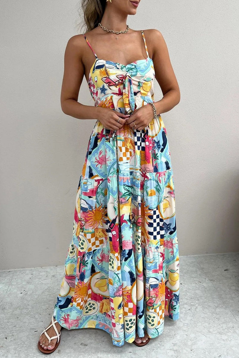 Vacation Fruit Printing With Bow Printed Dresses
