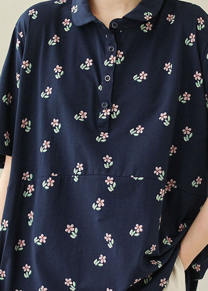 Navy Patchwork Cotton T Shirt Peter Pan Collar Summer