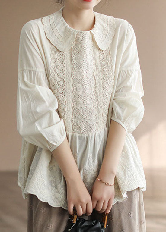 Apricot Peter Pan Collar Embroidered Cotton Shirt Tops Spring