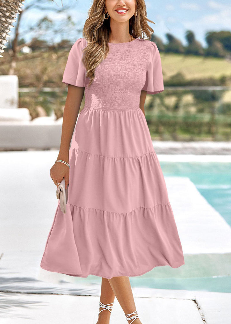 Green O-neck Wrinkled Patchwork Chiffon Dress Summer