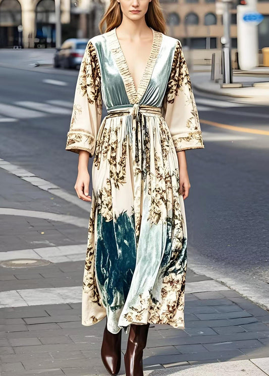 Apricot Print Exra Large Hem Silk Velvet Vacation Dresses Spring