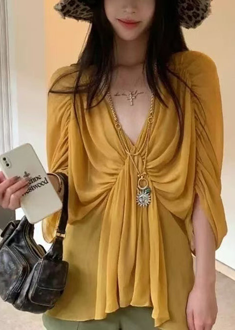 Yellow V Neck Wrinkled Shirt Batwing Sleeve