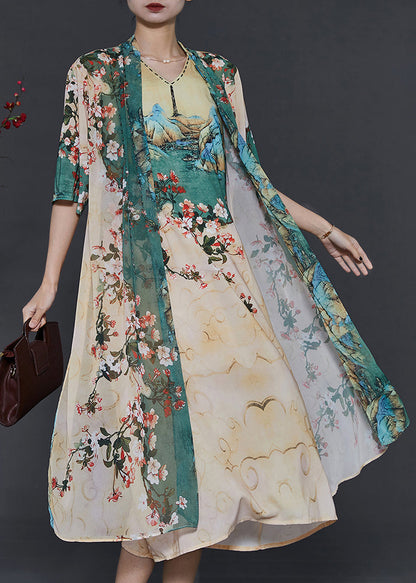 Apricot Print Chiffon Fake Two Piece Dress Summer