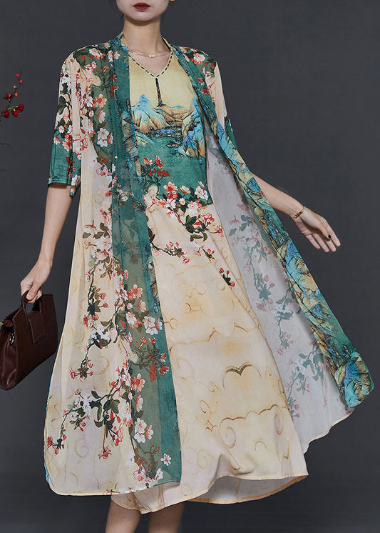 Apricot Print Chiffon Fake Two Piece Dress Summer
