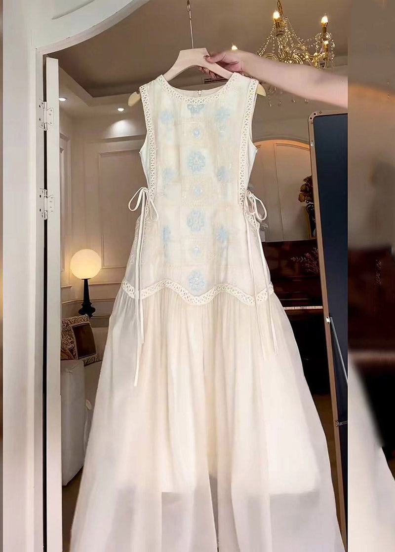 Brief White O-neck Print Tie Waist Maxi Dress Sleeveless