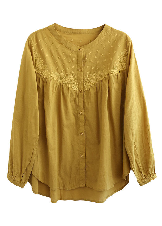 Organic Green O Neck Embroidered Cotton Shirts Spring