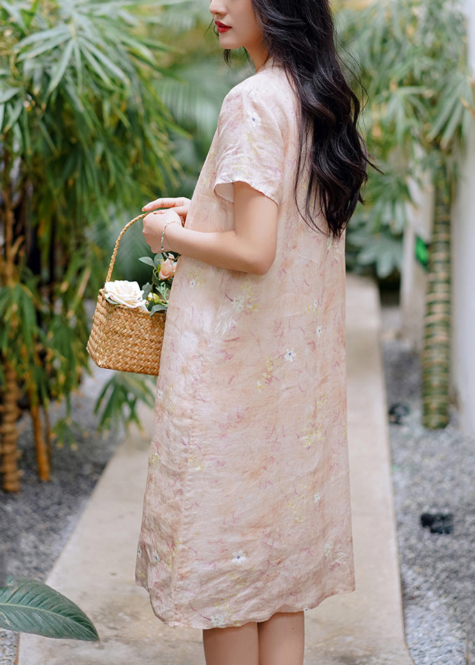 Chinese Style Blue Stand Collar Print Linen Dresses Summer