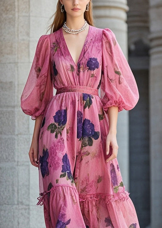 Rose Cinched Print Chiffon Robe Dresses Summer
