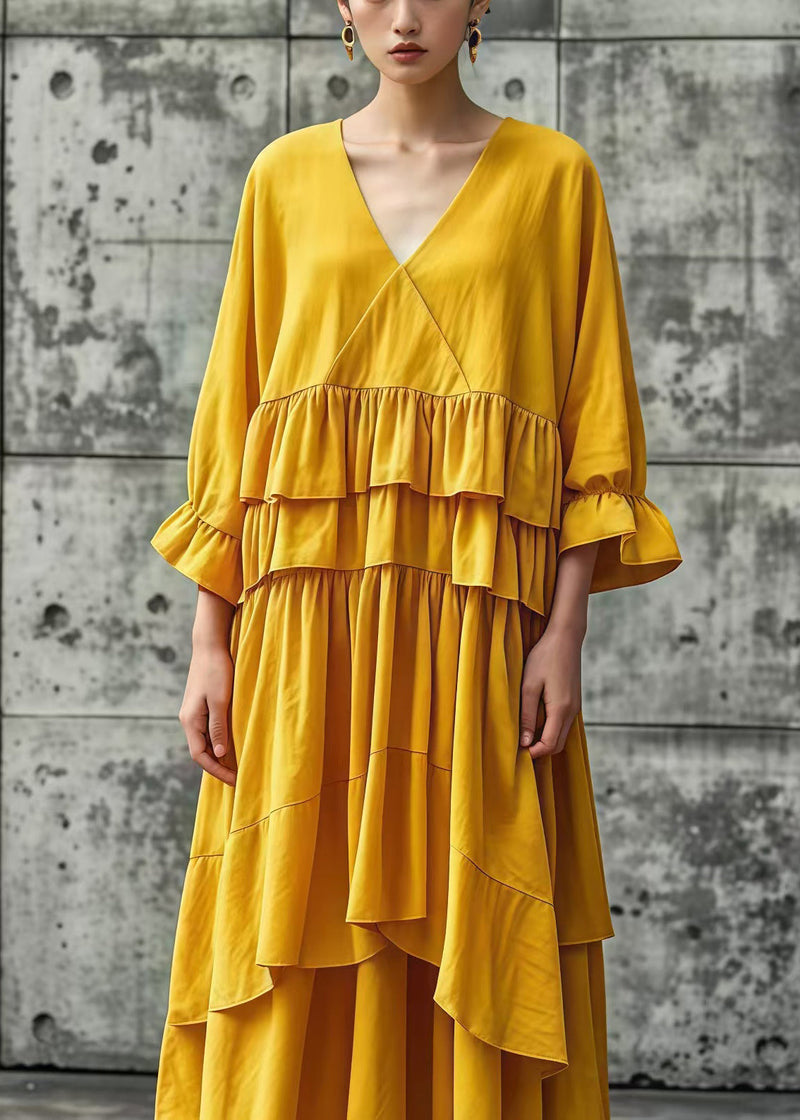 Simple Yellow Ruffled Cotton Party Dress Bracelet Sleeve