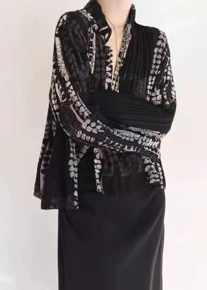 Black Wrinkled Patchwork Tulle Blouse Tops Fall