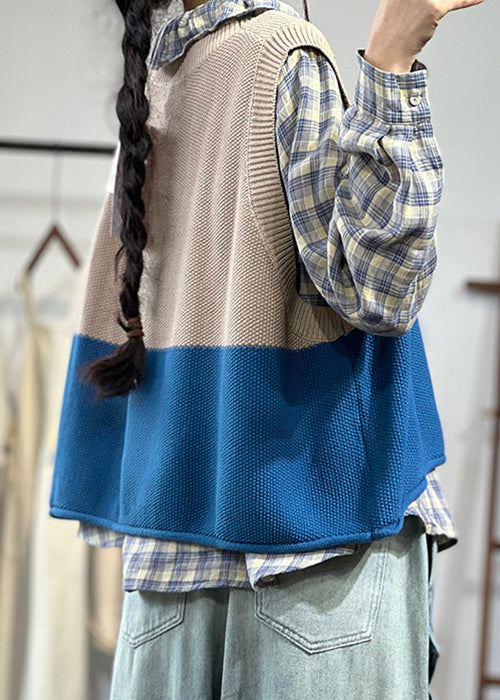 Blue O Neck Patchwork Cozy Knit Waistcoat Sleeveless