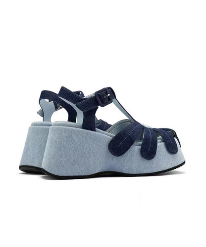 Blue Wedge Denim Fabric Splicing Hollow Out Sandals