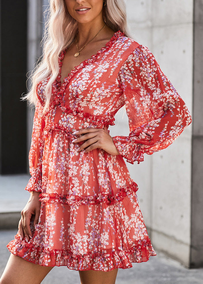 Red Ruffled Print Patchwork Chiffon Mid Dress Spring