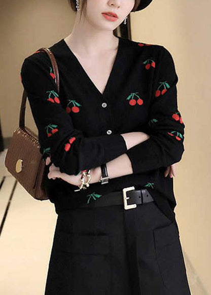 Black V Neck Embroideried Button Woolen Knit Cardigan Long Sleeve