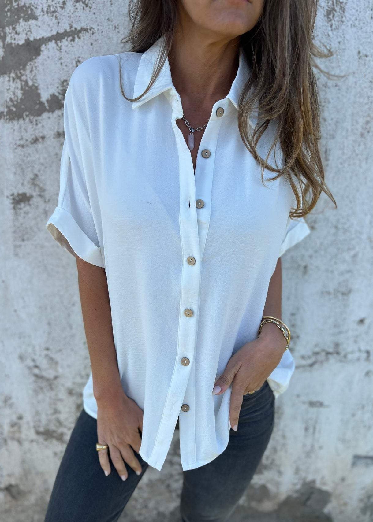 Khaki Peter Pan Collar Button Cotton Top Summer