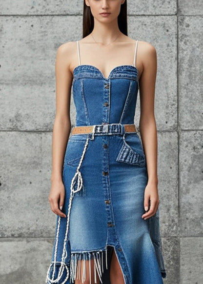 Blue Asymmetrical Design Silm Fit Denim Spaghetti Strap Dress Summer