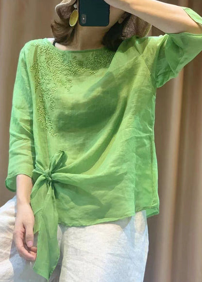 Novelty Purple O-neck Embroidered Tie Waist Linen Top Long Sleeve
