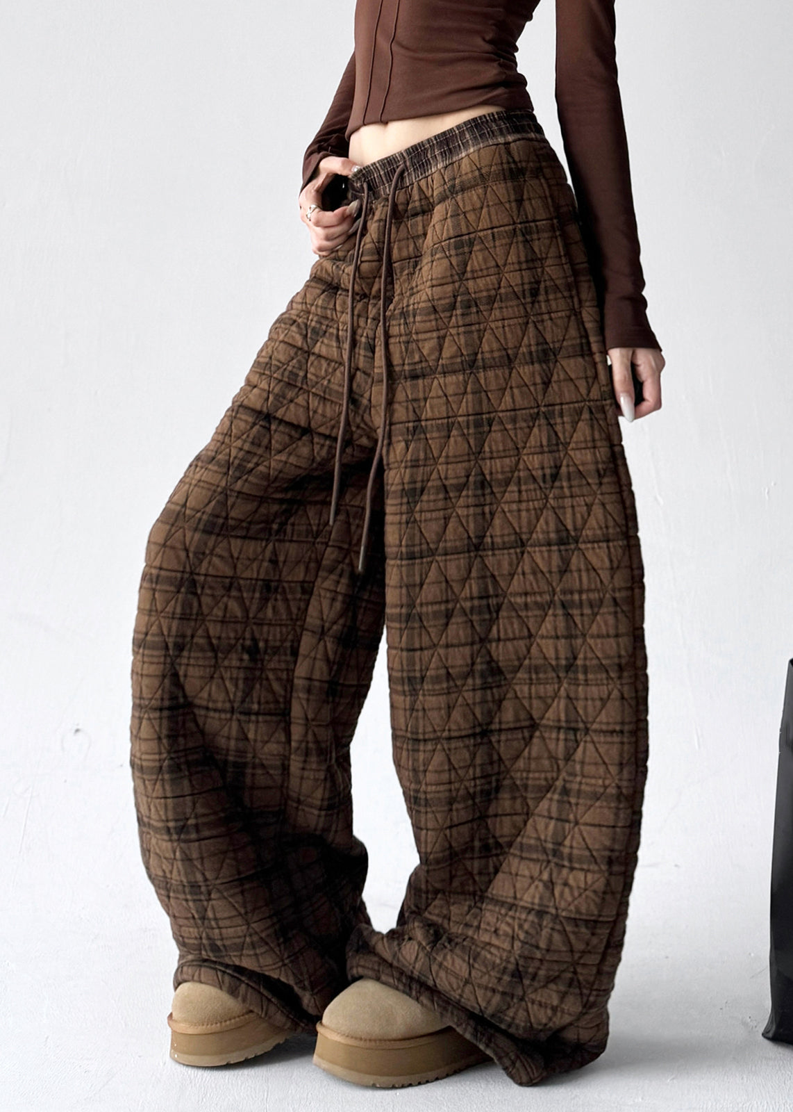 Coffee Plaid Pockets Elastic Waist Cotton Filled Pants Winter
