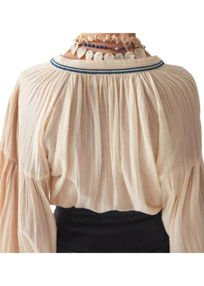 New Beige Embroidered Puff Sleeve Cotton Shirt Top