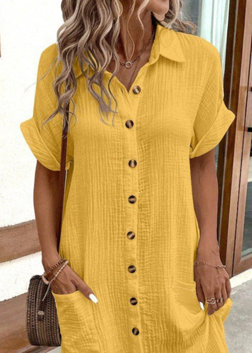 Yellow Button Cotton Dress Peter Pan Collar Short Sleeve