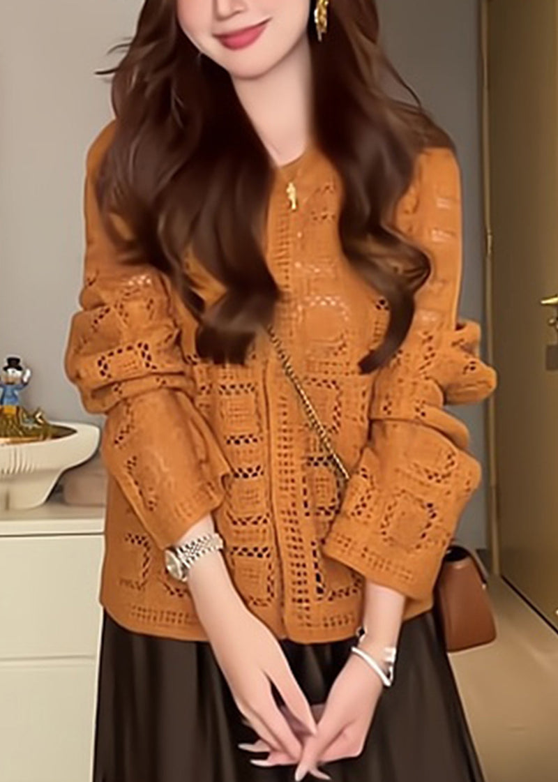 Stylish Orange O-neck Cotton Knit Cardigans Long Sleeve