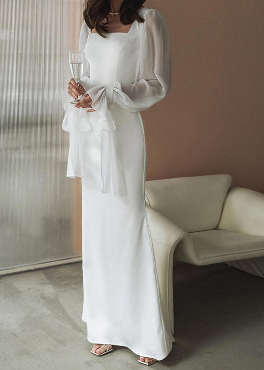 French White Square Neck Tulle Patchwork Dress Flared Sleeves