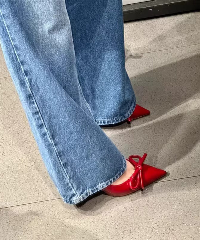 Bow Splicing Stiletto High Heels Red Faux Leather