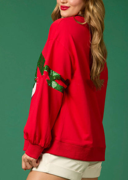 Style Red O Neck Sequins Cotton Christmas Sweatshirts Top Winter