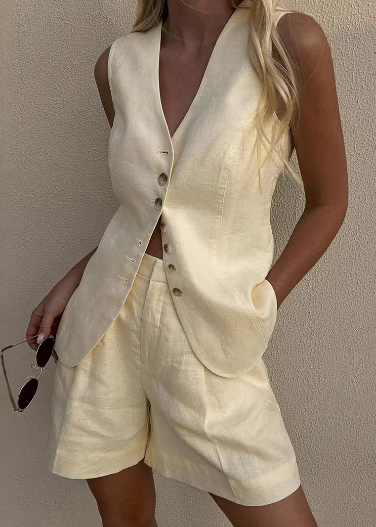 New White Vest and Shorts Cotton Two Pieces Set Summer
