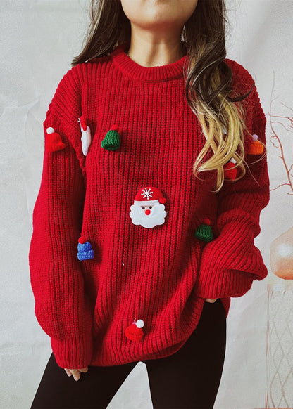 New Red O-neck Christmas Decorated Knit Sweater Winter