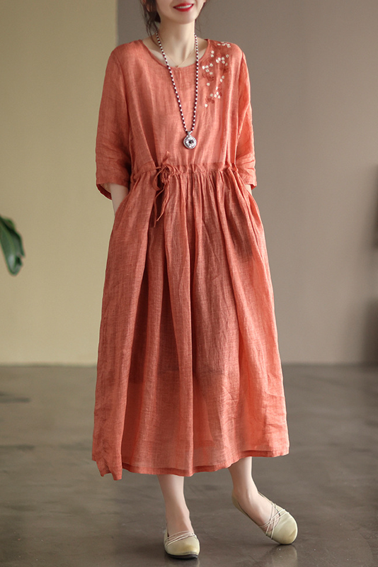 -summer Loose Embroidered Dress Color Half Sleeve Long Dress