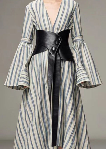 Blue Striped Cotton Cinched Dresses Deep-v Neck Flare Sleeve