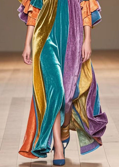 Multicolor V Neck Patchwork Silk Velvet Maxi Dress Butterfly Sleeve