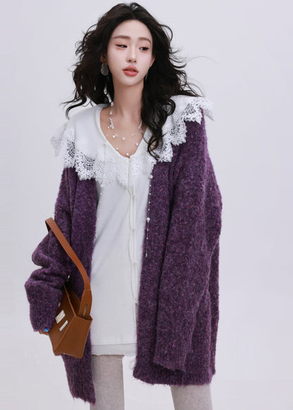 Orange Oversized Pockets Knit Cardigans Winter
