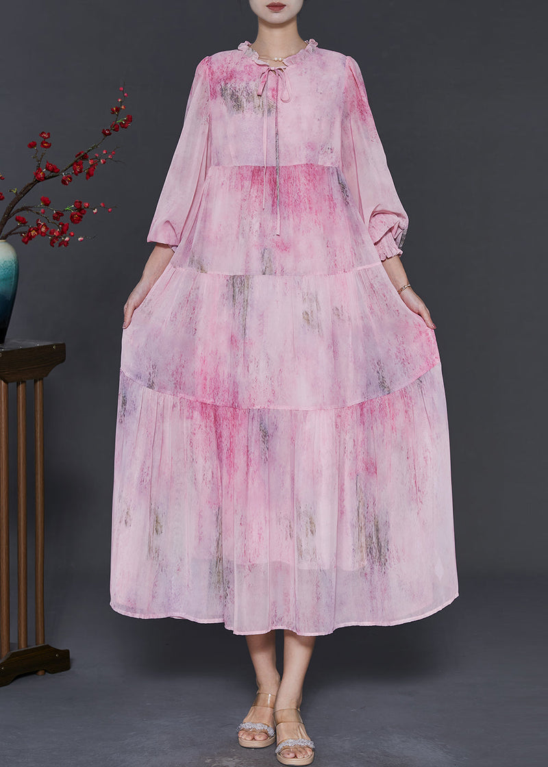 Pink Ruffled Tie Dye Chiffon Maxi Dress Fall