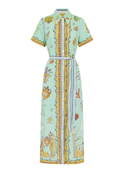 Style Blue Peter Pan Collar Print Lace Up Cotton Shirts Dress Summer