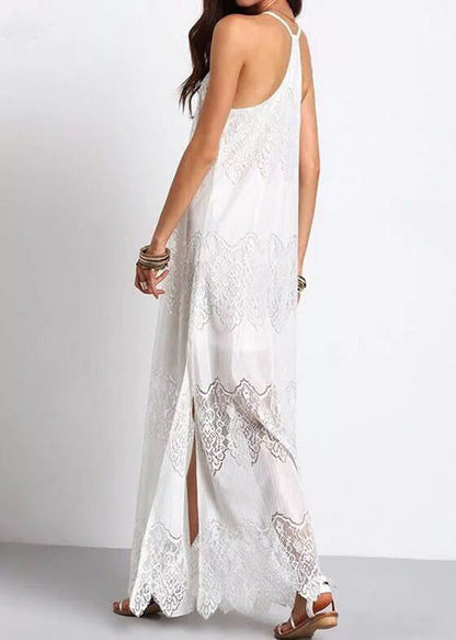 European and American Style White V Neck Lace Spaghetti Strap Dress Summer