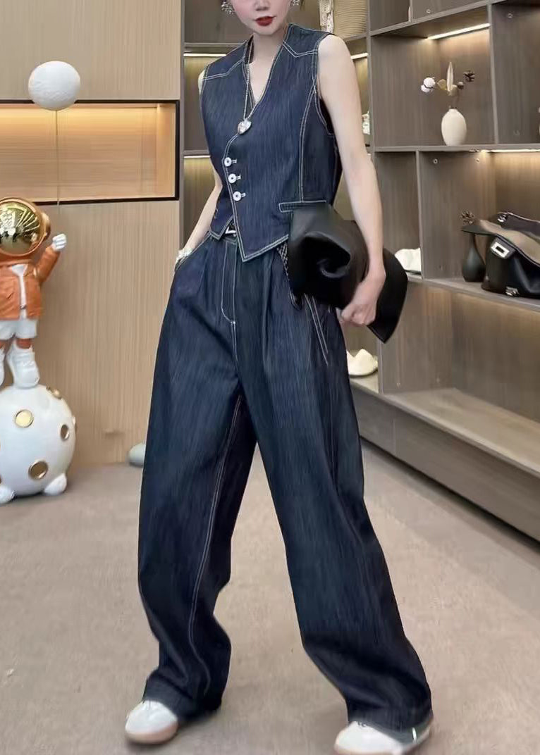 French Blue Button Waistcoat and Pants Denim Two Pieces Set Sleeveless