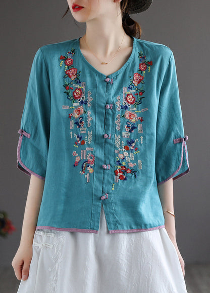 Modern White V Neck Embroidered Button Linen Shirt Half Sleeve