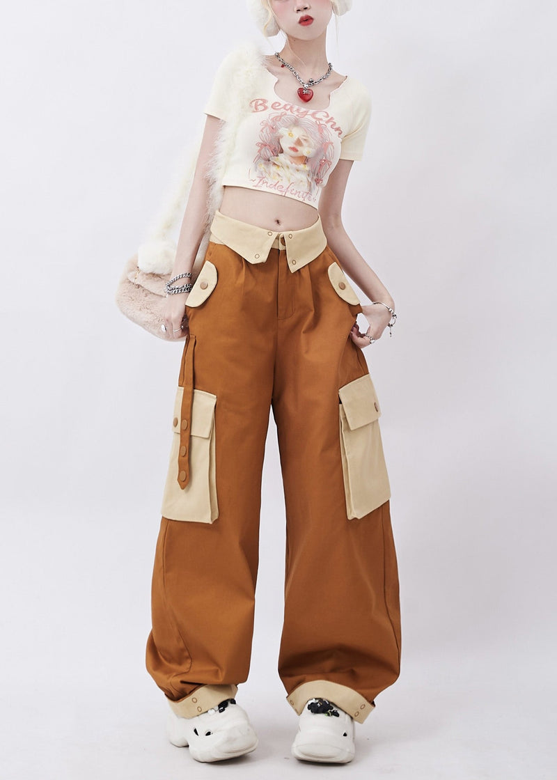 Brown Patchwork Pockets Cotton Pants Trousers Spring