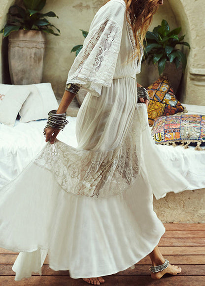 White V Neck Hollow Out Lace Patchwork Cotton Dress Summer