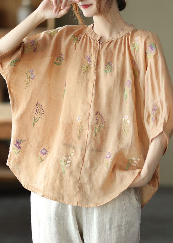 French Orange Low High Design O-neck Embroidered Linen Tops Half Sleeve