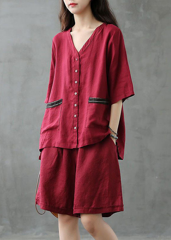 Red Button Patchwork Tops and Shorts Linen Two Pieces Set Summer