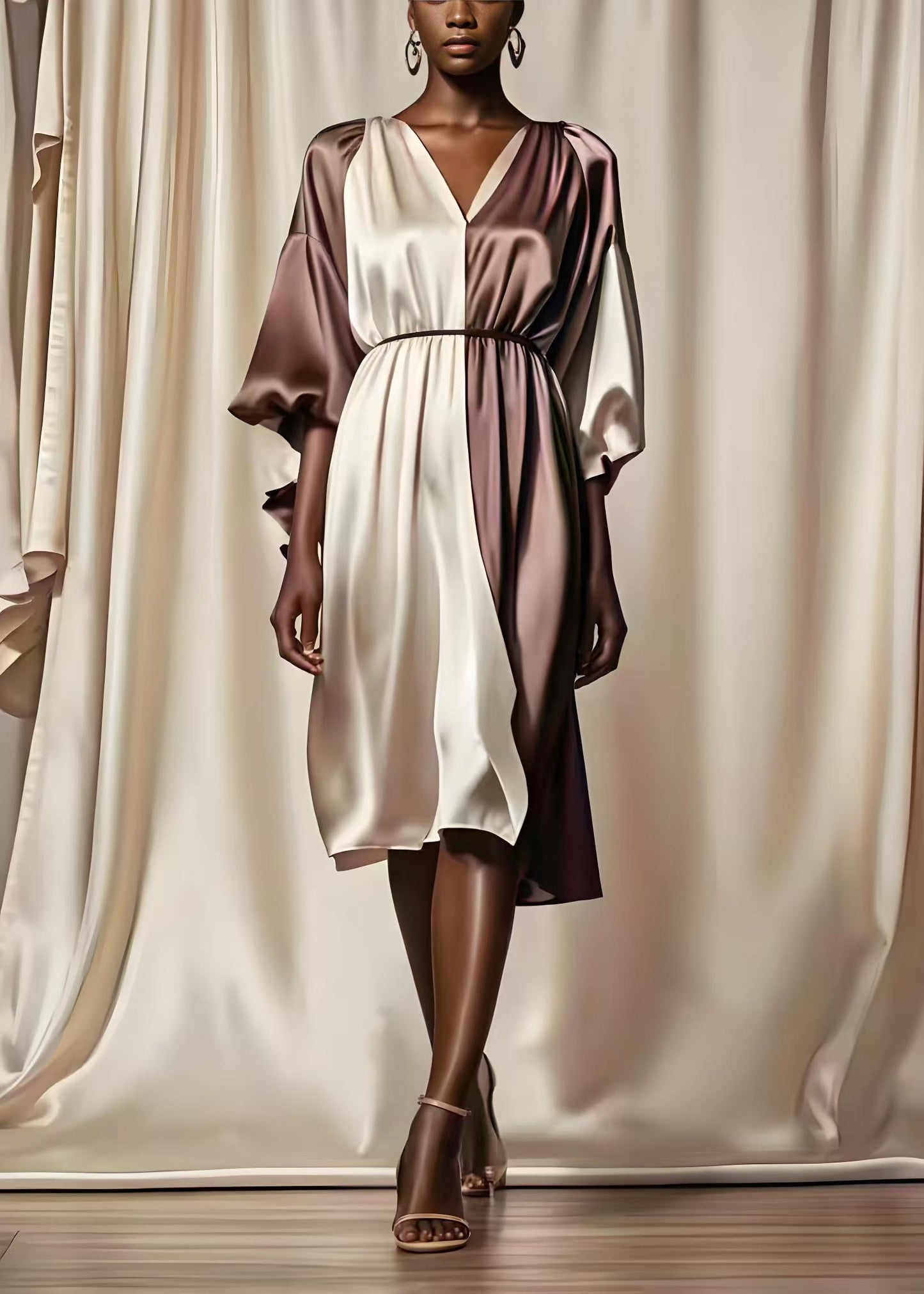 Colorblock V Neck Patchwork Silk Mid Dresses Summer