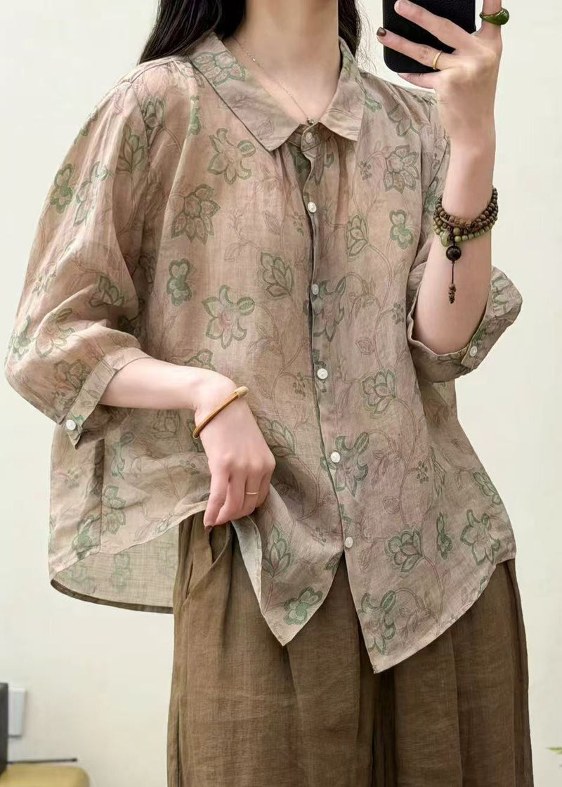 Art Khaki Oversized Print Linen Loose Shirts Summer