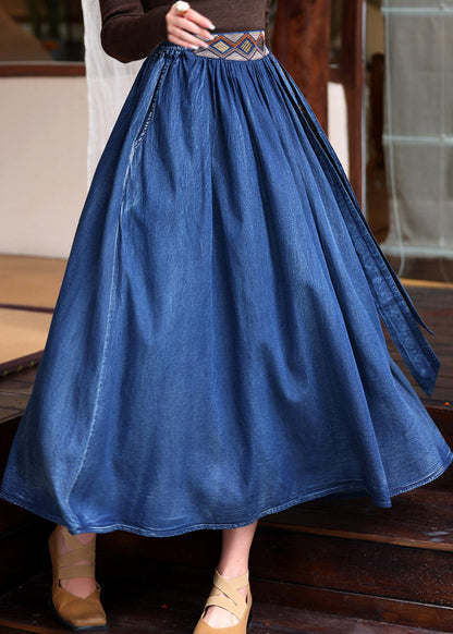Blue Patchwork Embroidered Tassel Elastic Waist a Line Denim Skirt